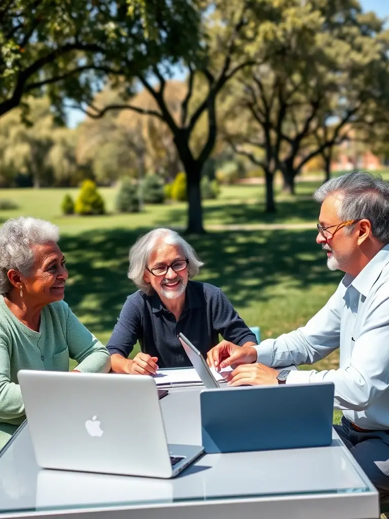 A diverse group of seniors confidently planning their financial future with Kleos final expense insurance, showcasing inclusivity and accessibility.