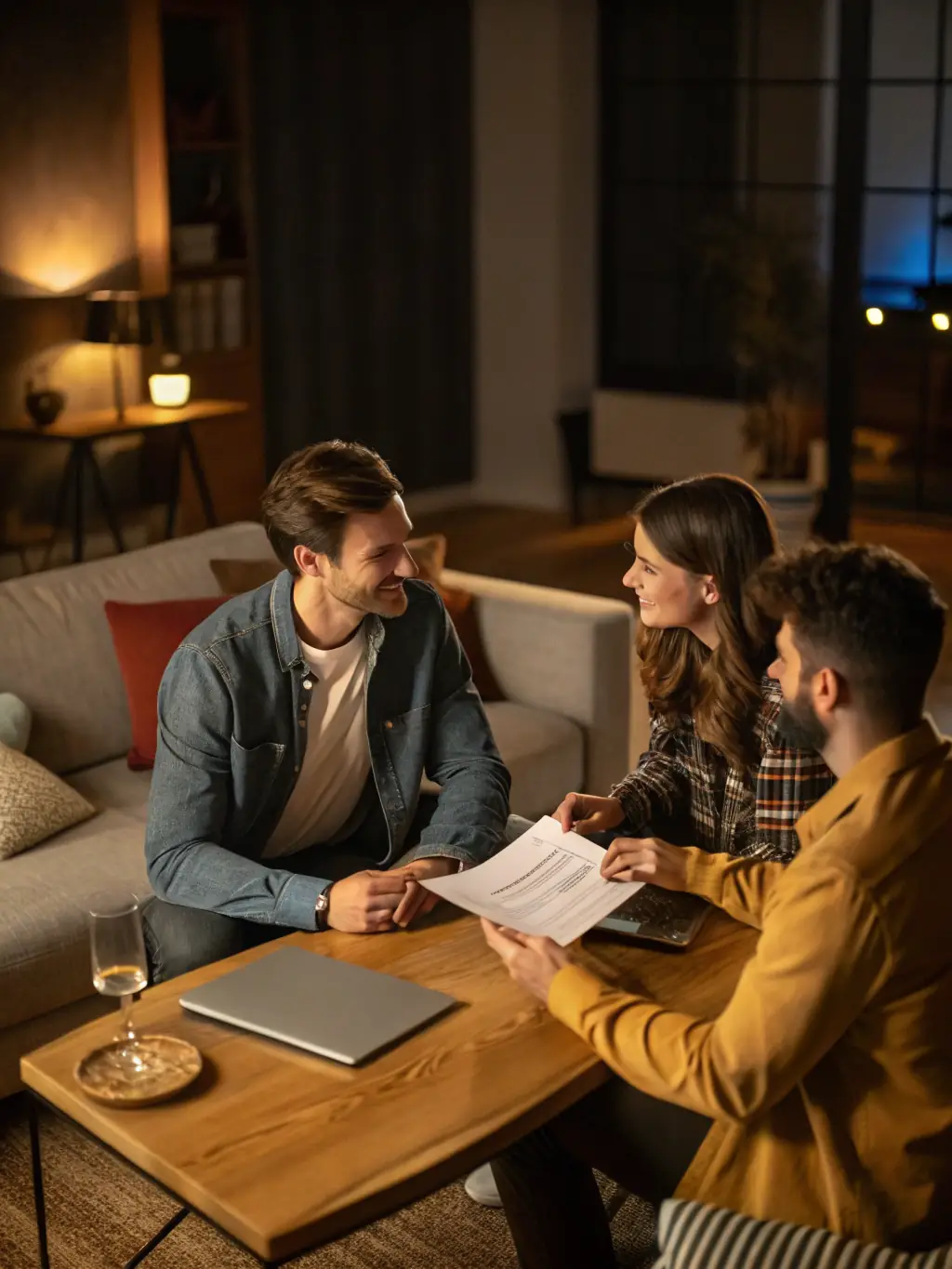 A friendly Kleos advisor explaining the benefits of simplified issue final expense insurance to a couple in their living room.